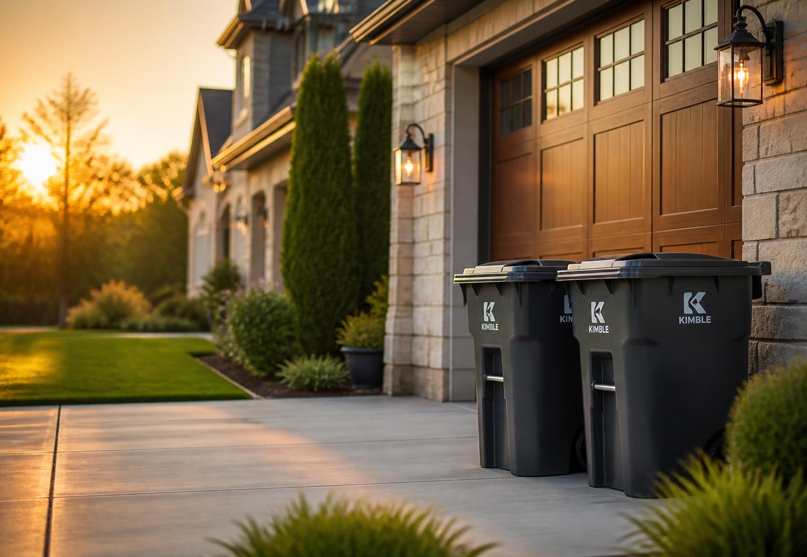 Clean trash cans returned beside the garage of a suburban home at sunset